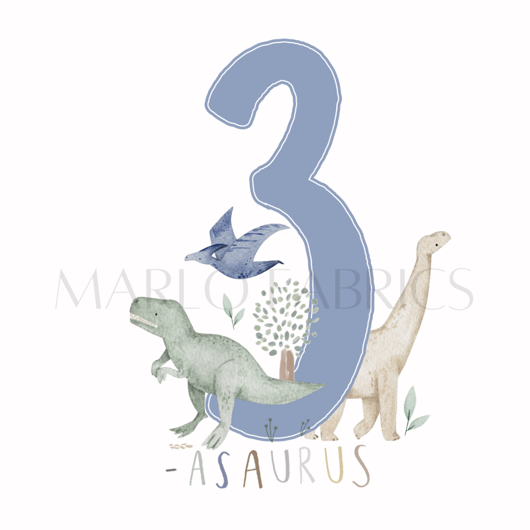 Dino Birthday - three - blue  - Heat Transfer - IN STOCK